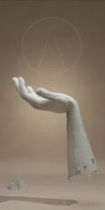 A wireframe of a 3D hand gesturing towards a 2D orb
