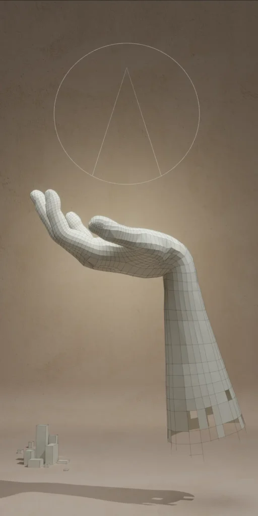 A wireframe of a 3D hand gesturing towards a 2D orb