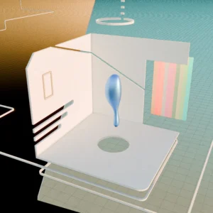 An abstract being forms in a geometrically broken 3D room