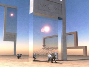 An abstract landscape is crossed by 3 elephants