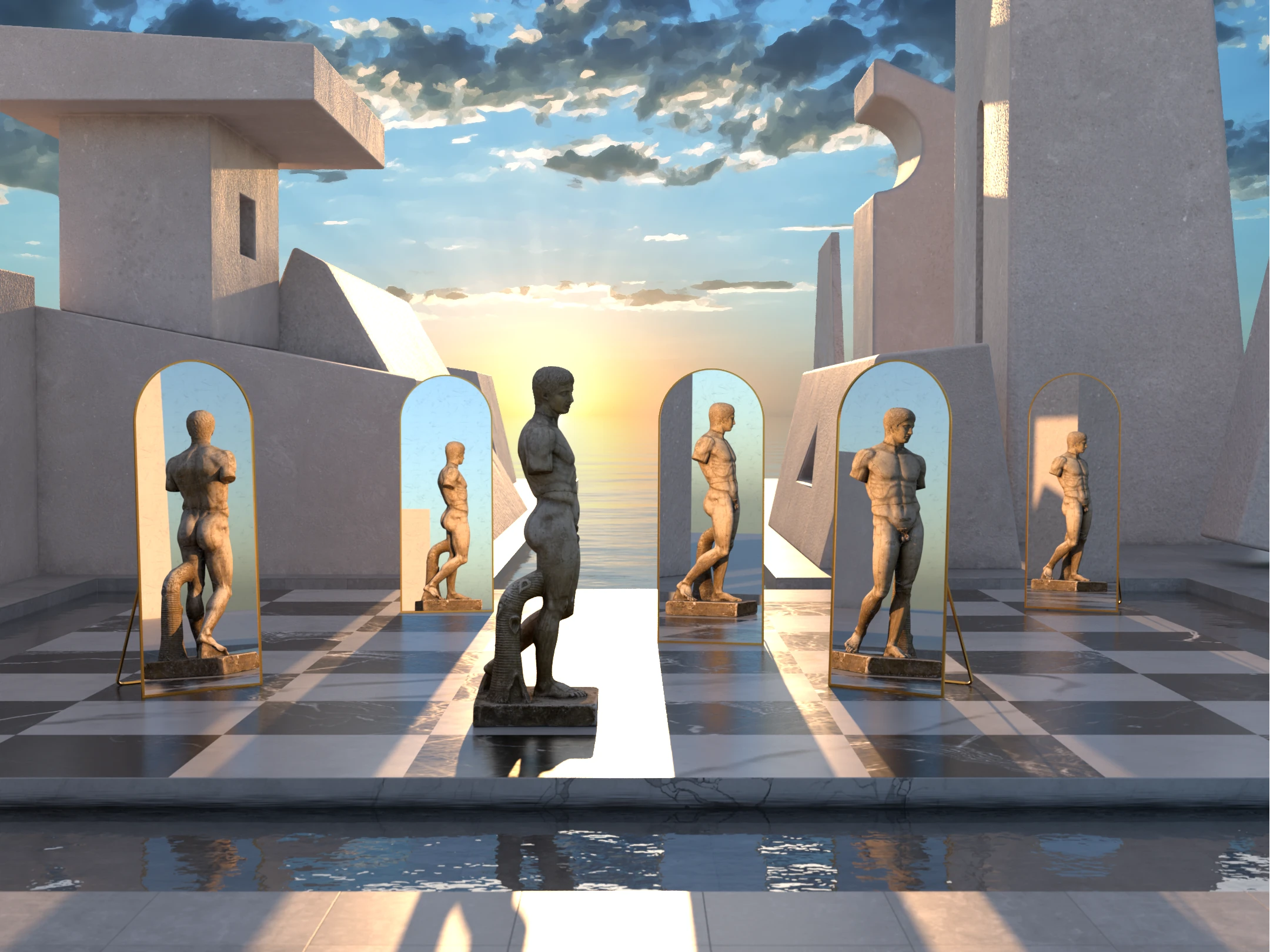 A chess board with a statue and mirrors pointing to it