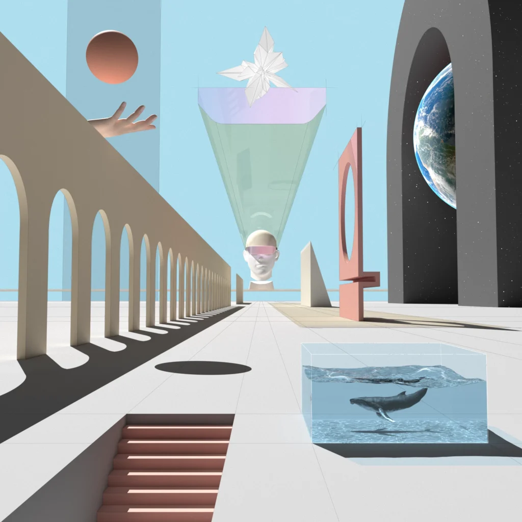 A landscape with surreal and abstract elements such as a whale, a human head with a VR headset, and the Earth