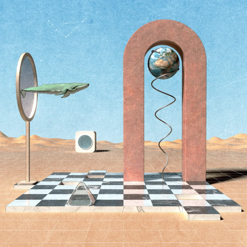 An abstract landscape with a whale, a chess board, and the Earth