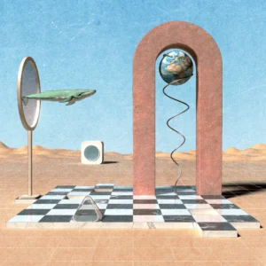 An abstract landscape with a whale, a chess board, and the Earth