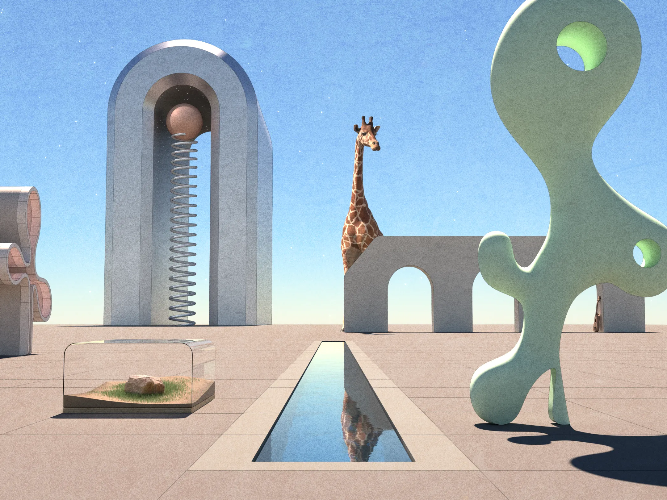 An abstract landscape including a giraffe and a Henry Moore-like sculpture